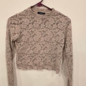 Taupe Lace Coquette Crop Top | Balletcore Romantic Y2K Long Sleeve | Small